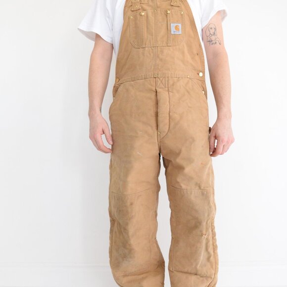 Vintage 80's Carhartt Tan SKU R03 BRN Lined Canvas Dungaree Overalls Size 34x32 - Picture 2 of 16